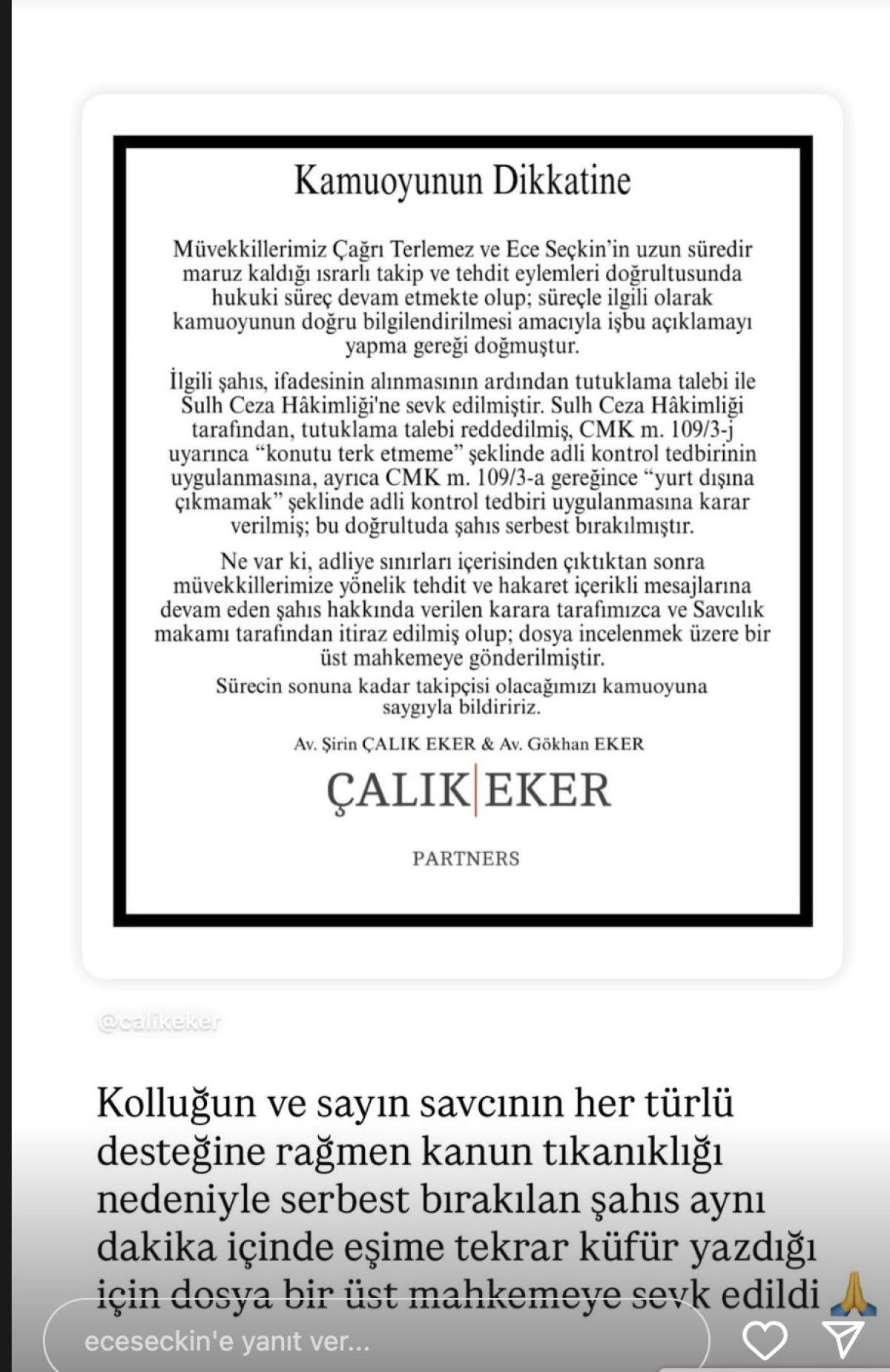 Ece Seçkin ve Eşine Yönelik Tehdit Davasında Yeni Gelişmeler ve Serbest Kalan Şahıs Hakkında Karar